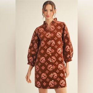 017 JODIFL 3/4 Sleeve Button Down Jacquard Dress